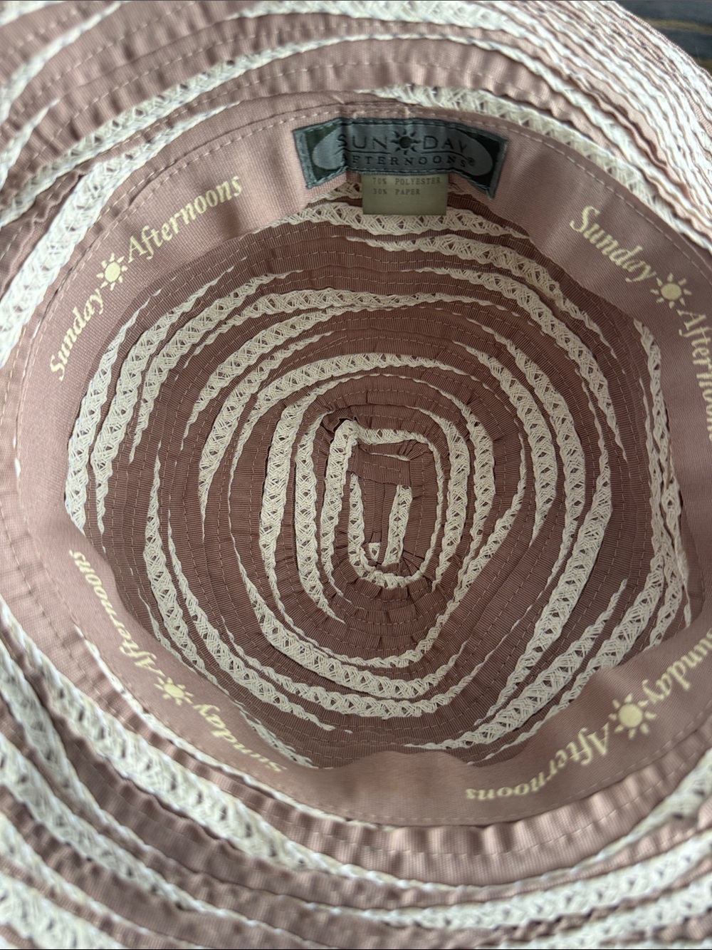 Sunday Afternoons Hat with Offset Spiral Sewn Ribbon & woven bands. - Picture 4 of 6